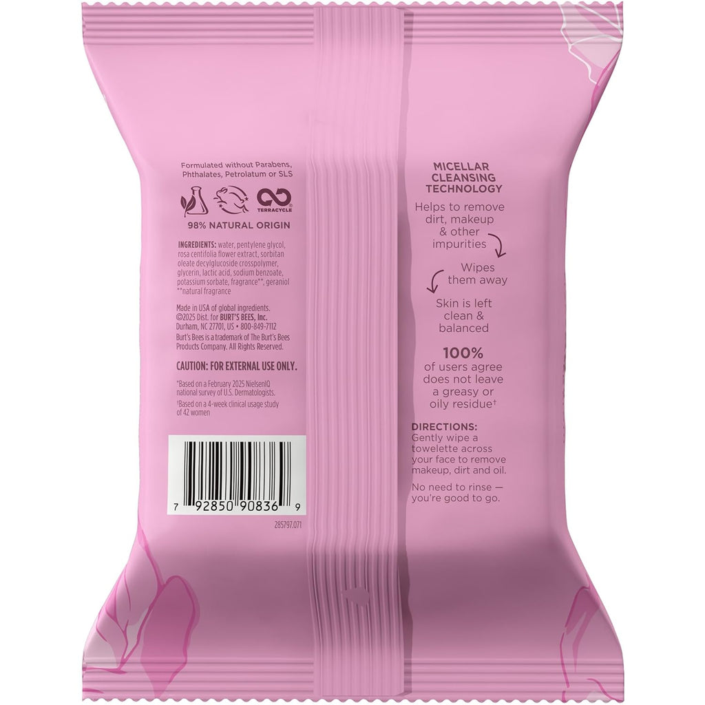 Burts Bees Micellar Rose Water Facial Towelettes, 100% Plant Based Cloth; 99% Natural Origin; Remove Makeup, Cleanse, Hydrate; No Greasy, Oily Residue; All Skin Types; 30 Ct, Pack of 3 (Pack May Vary)