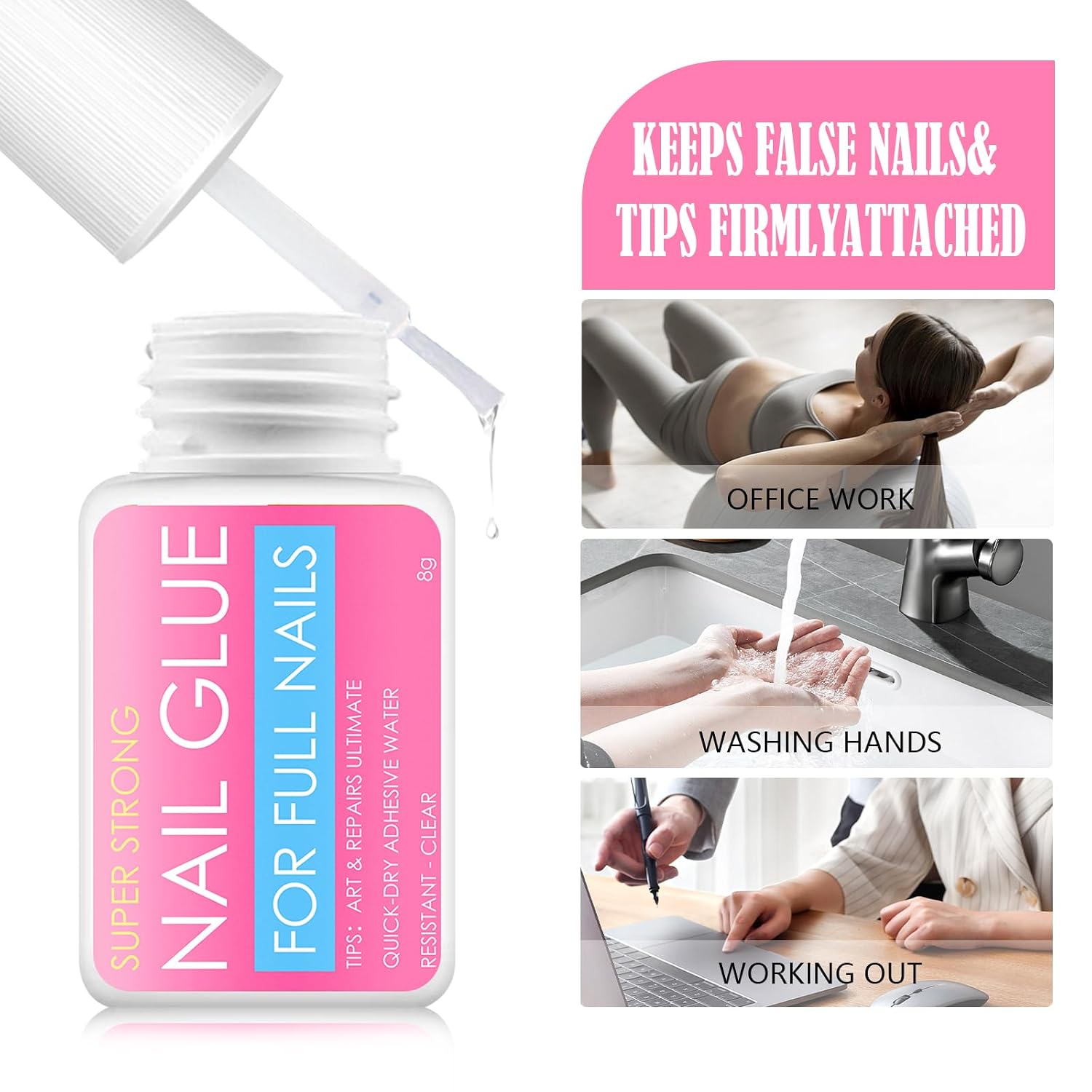 3 Bottles of 8G Nail Glue,Fast-Drying Nail Glue,Super Strong Nail Glue for Nail Tips,With Brush Nail Glue for Acrylic Nails,Super Strong Nail Glue for for Press Ons Super Strong