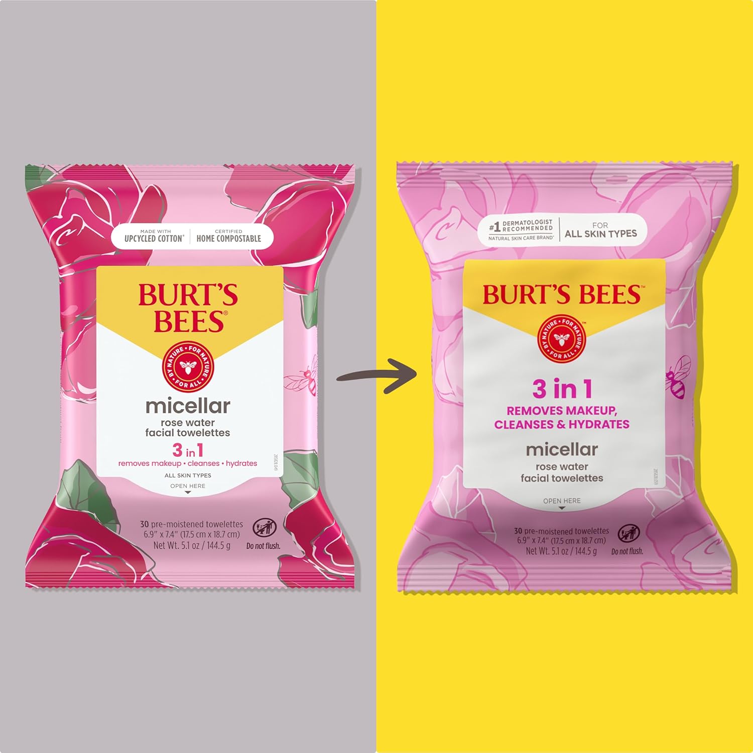 Burts Bees Micellar Rose Water Facial Towelettes, 100% Plant Based Cloth; 99% Natural Origin; Remove Makeup, Cleanse, Hydrate; No Greasy, Oily Residue; All Skin Types; 30 Ct, Pack of 3 (Pack May Vary)