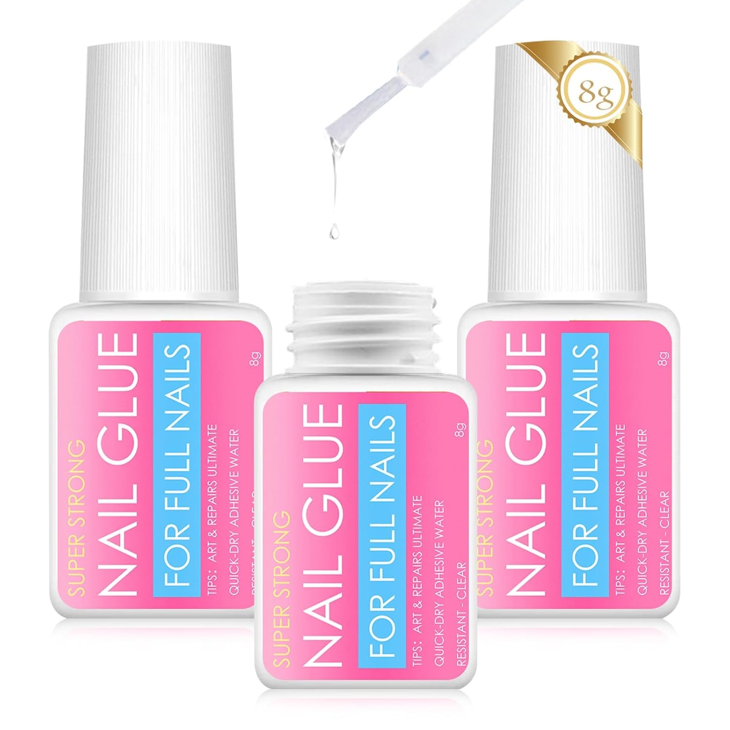 3 Bottles of 8G Nail Glue,Fast-Drying Nail Glue,Super Strong Nail Glue for Nail Tips,With Brush Nail Glue for Acrylic Nails,Super Strong Nail Glue for for Press Ons Super Strong