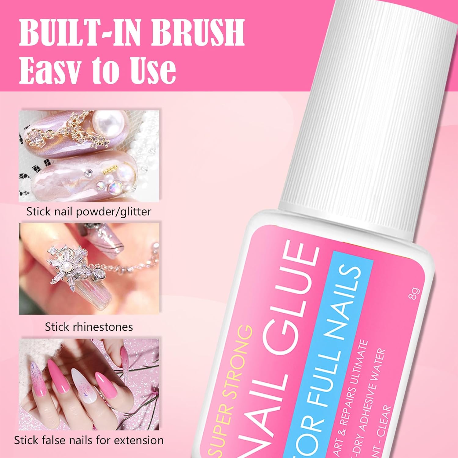 3 Bottles of 8G Nail Glue,Fast-Drying Nail Glue,Super Strong Nail Glue for Nail Tips,With Brush Nail Glue for Acrylic Nails,Super Strong Nail Glue for for Press Ons Super Strong